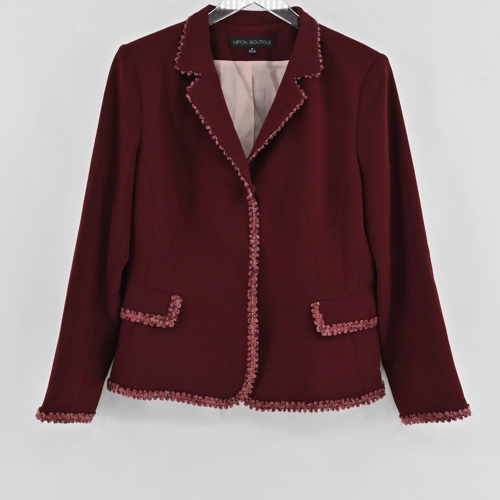 Nipon Boutique Trimmed Blazer Jacket Womens Size 10 Burgundy Y2K Professional